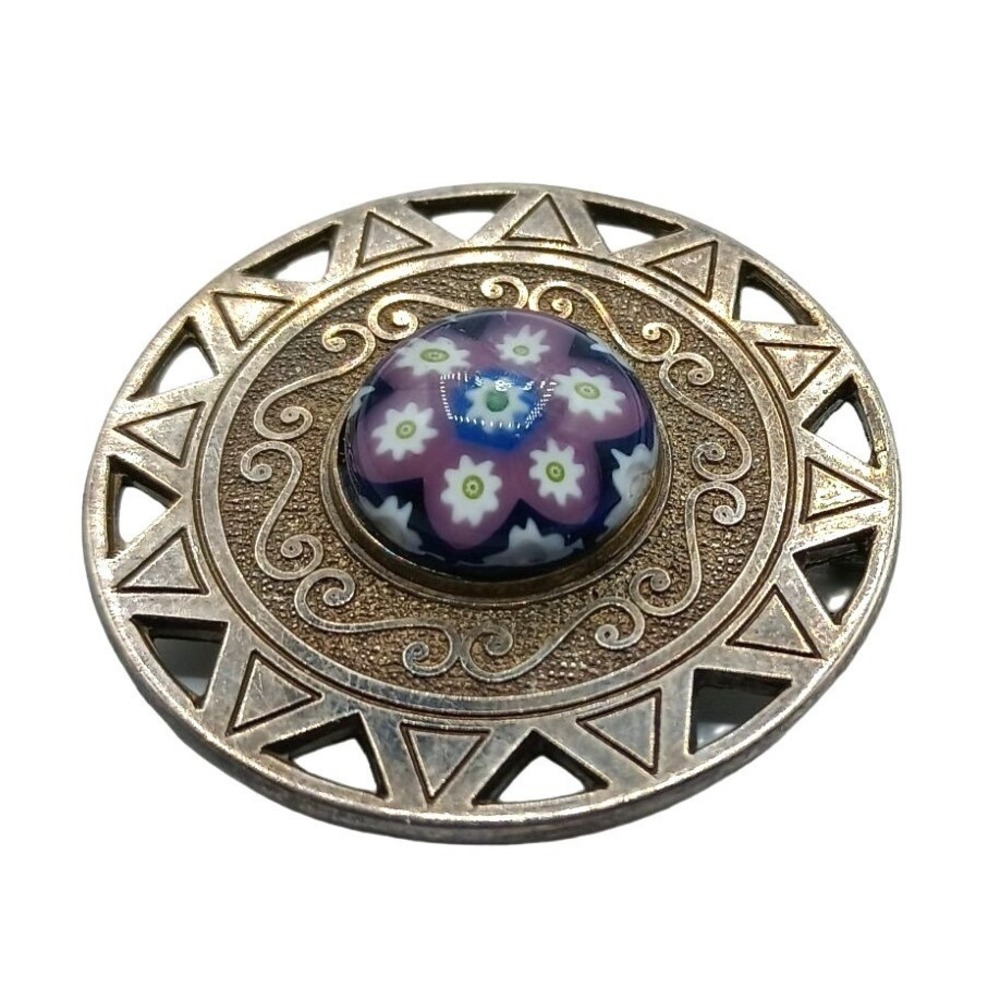 Silver Brooch Millefiori Art Glass Caithness‎ Signed CJ Pin Jewelry Vintage